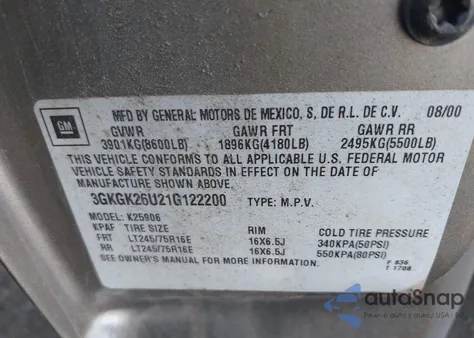 2001 GMC Yukon Xl 2500 Slt from USA, damaged, VIN 3GKGK26U21G122200